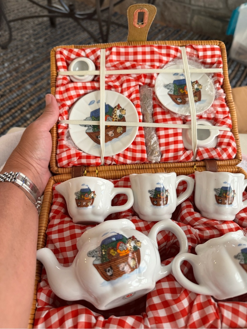 Delton Children's Ceramic Tea Set with Noah's Ark  - Red Gingham Lined Basket